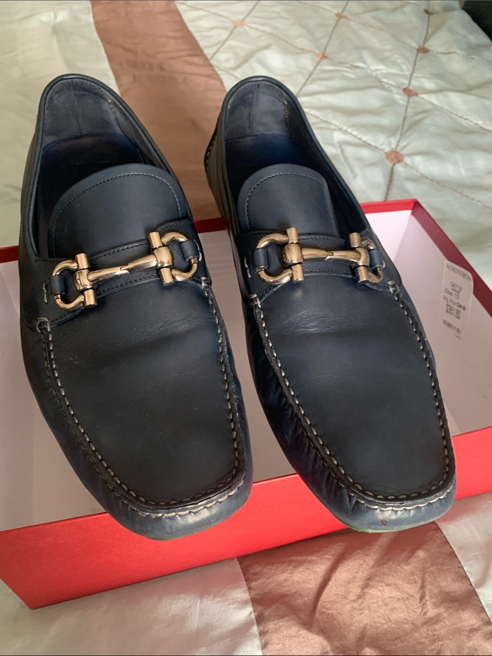 Salvatore Ferragamo Navy Leather Bit Loafers with Gold Hardware